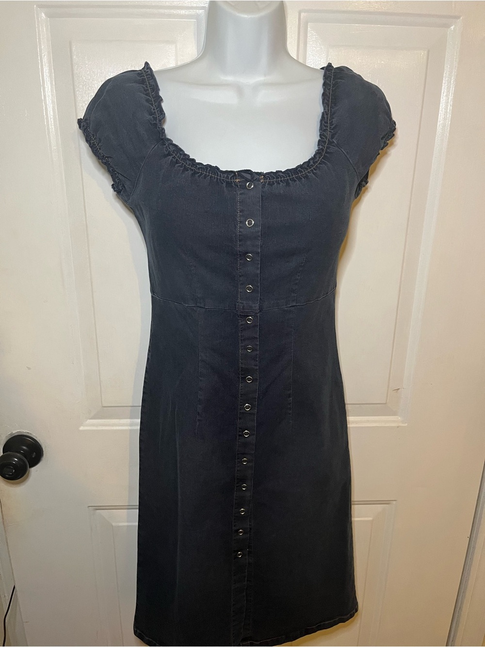 Sisley Black Button-Front Short Sleeve Dress with Ruffle Trim